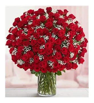 99 Red Roses in Vase with Greenery