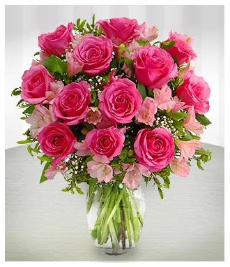 12 Pink Roses and Pink Gerberas in Vase